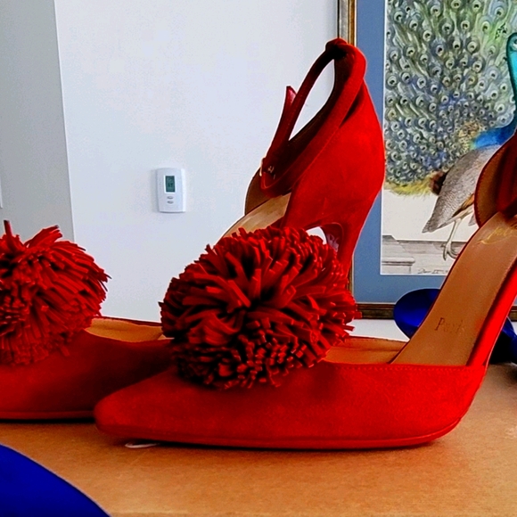 Christian Louboutin Red Velvet Pom-pom heels 36.5 - Picture 5 of 7